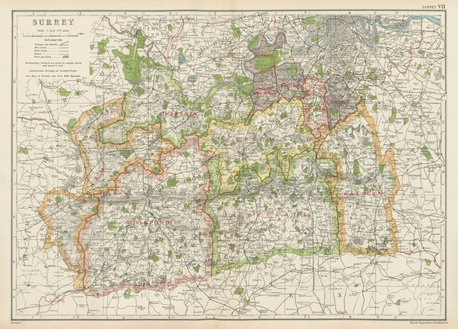 SURREY. Showing Parliamentary divisions, boroughs & parks. BACON 1934 old map